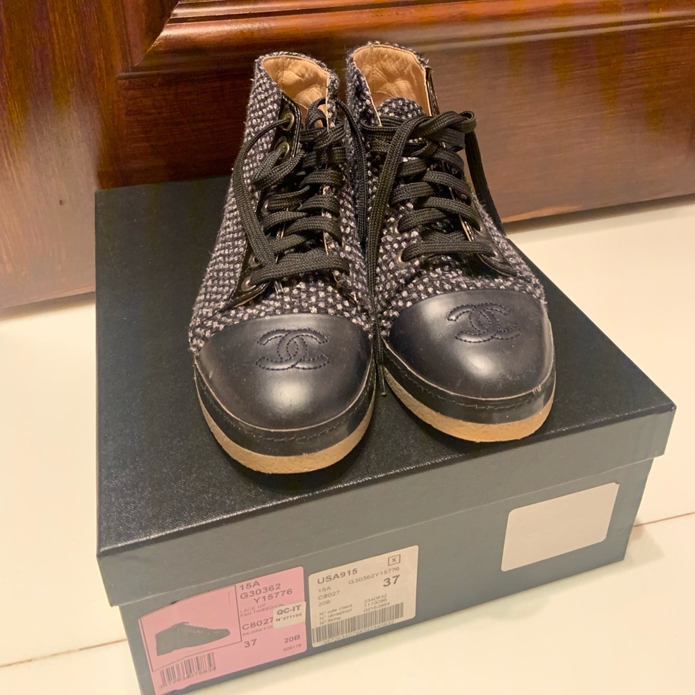 Navy Chanel booties with box!